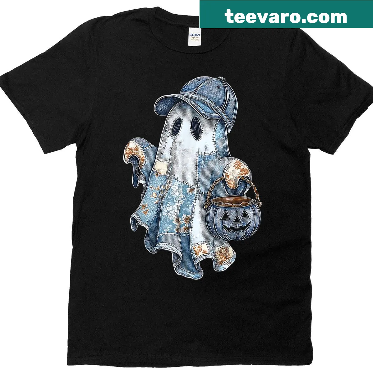 Cute patchwork Halloween ghost t-shirt for kids with Boo graphic — on a men's t-shirt