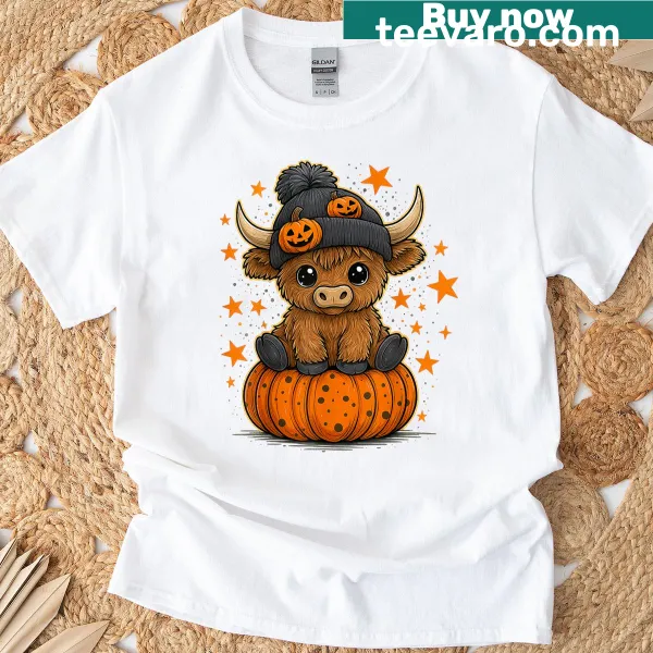 Cute cartoon Highland cow with pumpkin and text on a t-shirt