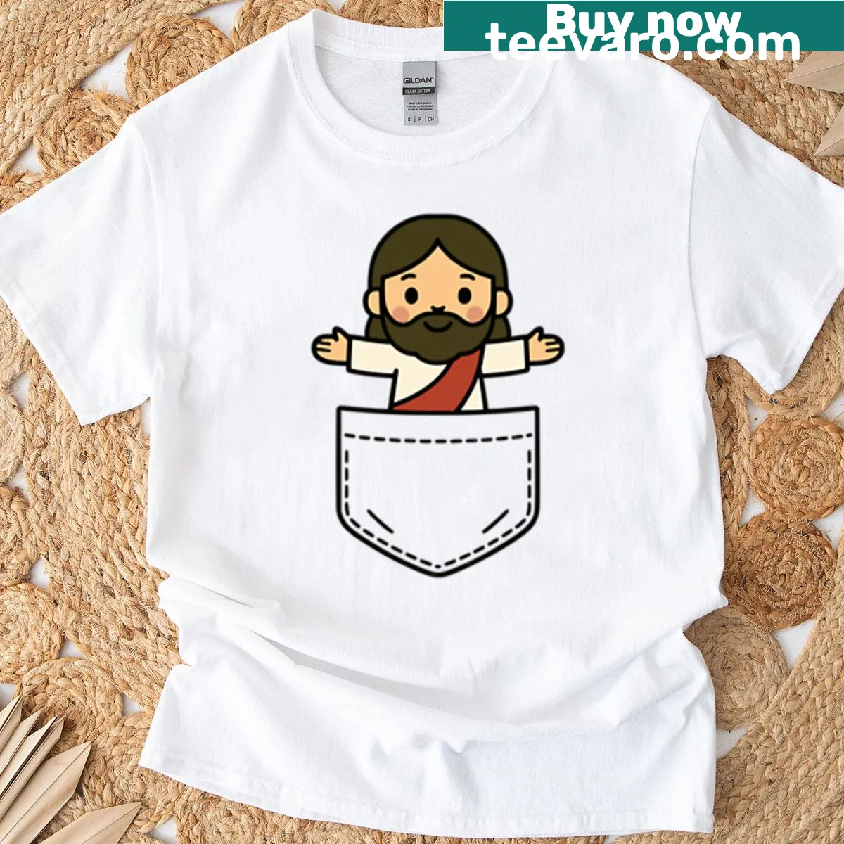 Cartoon Jesus peeking out of a pocket on a humorous shirt — on a men's t-shirt