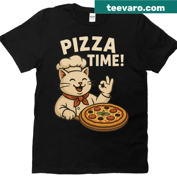 Illustration of a cat with pizza slice on oversized t-shirt
