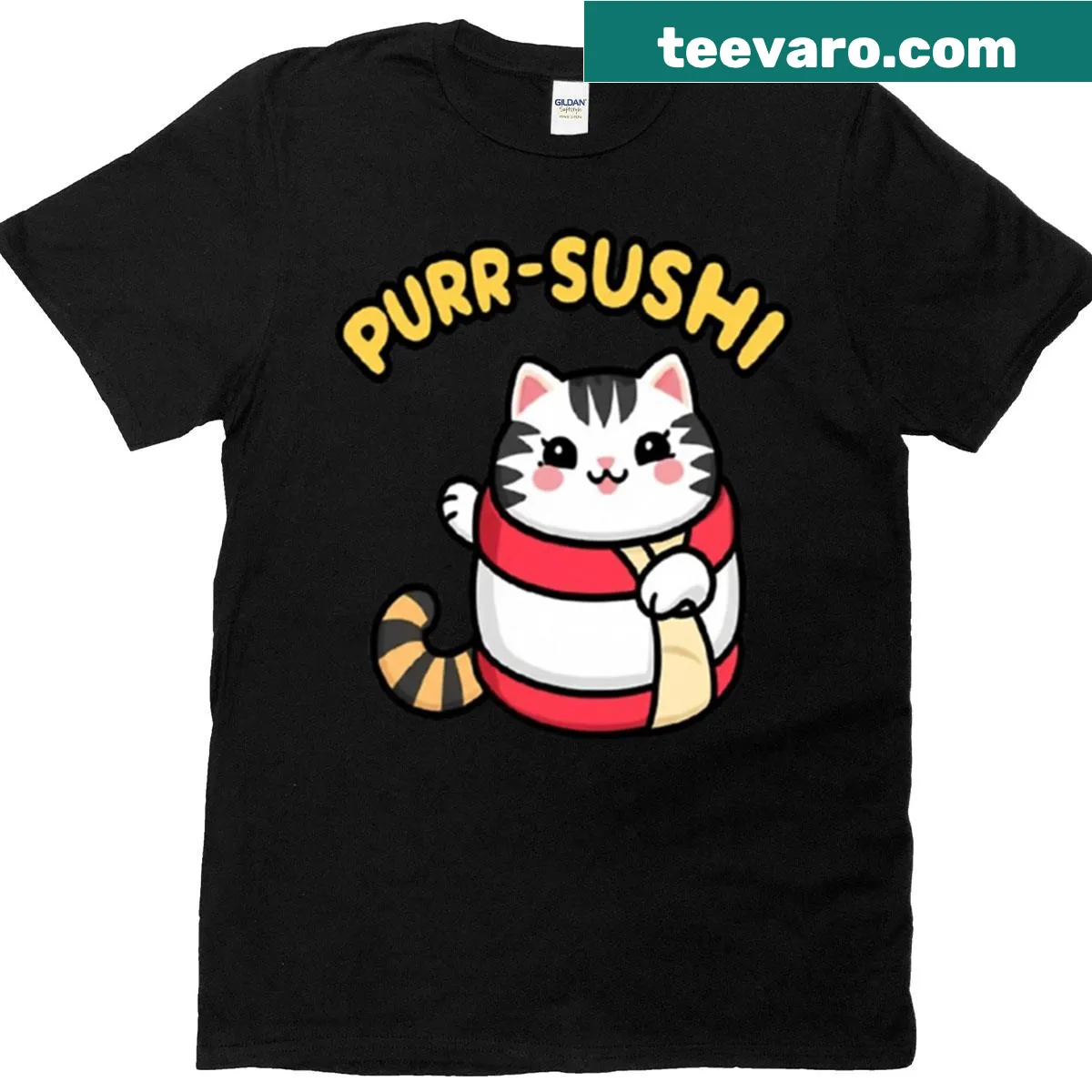 Cartoon sushi roll design featuring a cute cat for food lovers — on a men's t-shirt