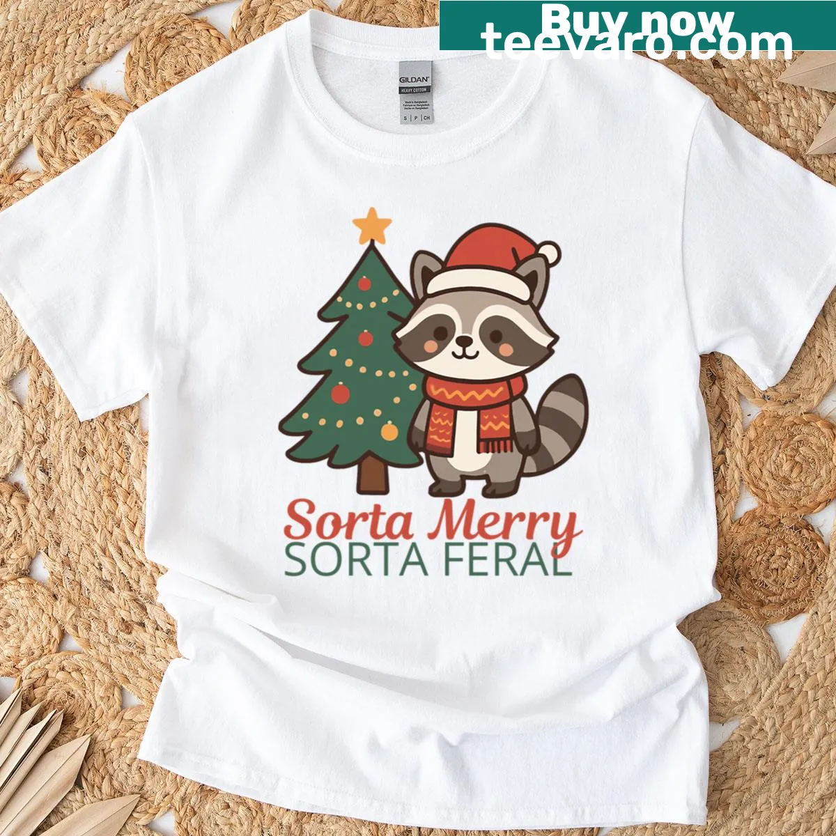 Cute Christmas T-shirt with a raccoon and the text Sorta Merry Sorta Feral — on a men's t-shirt
