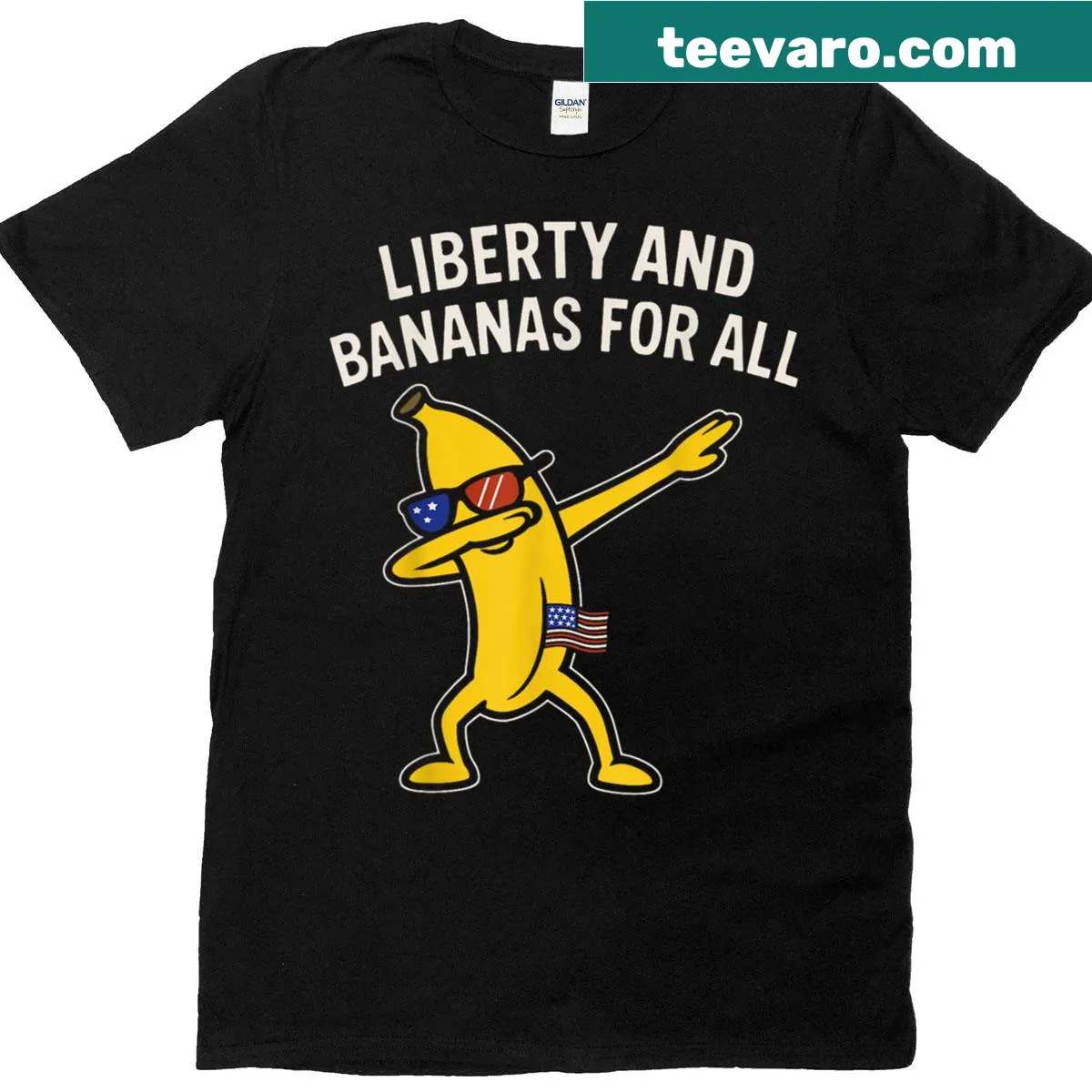 Dabbing banana graphic with American flag and sunglasses on a t-shirt — on a men's t-shirt