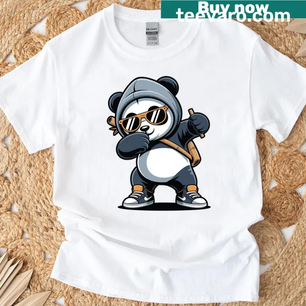 Cartoon panda dabbing on a playful t-shirt