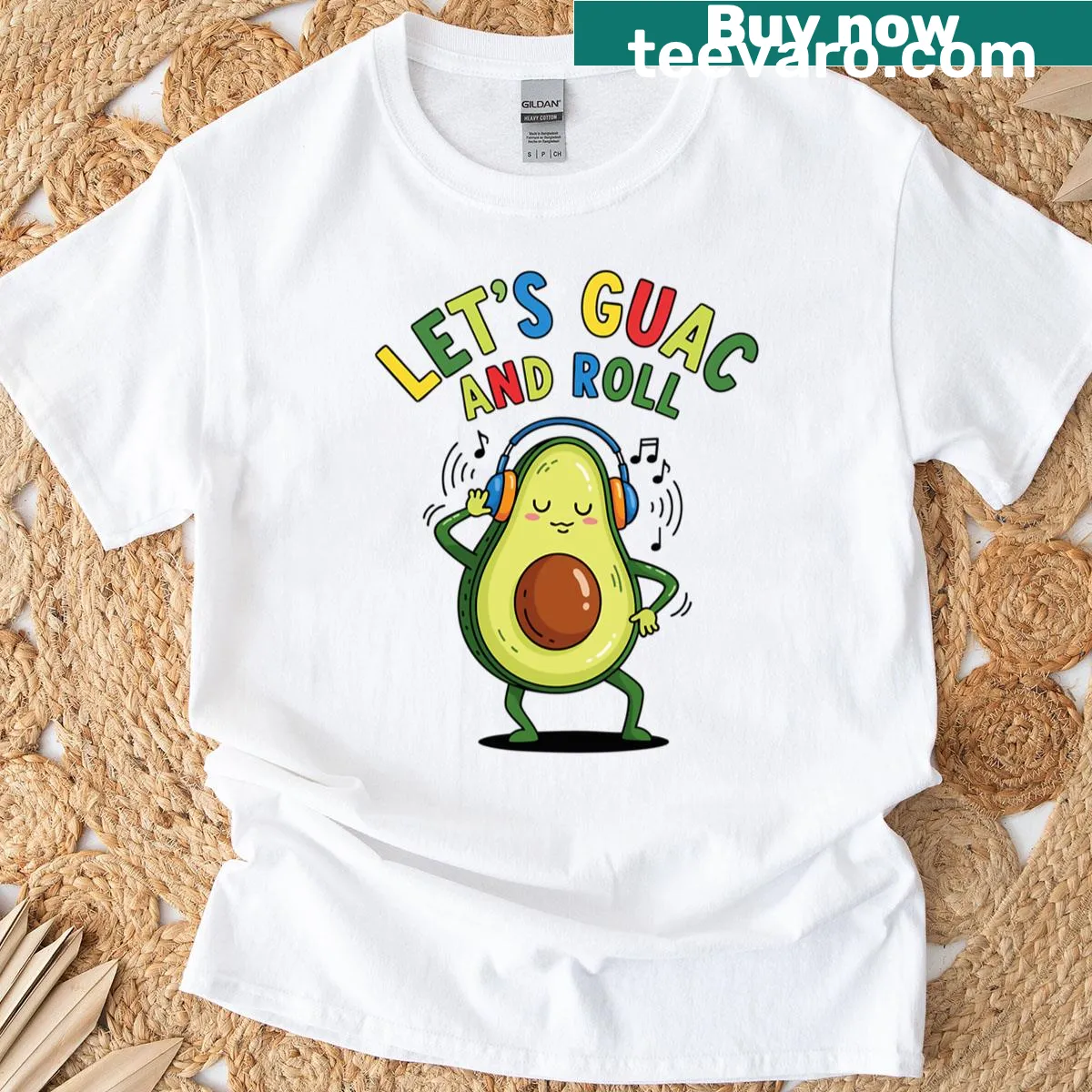 Playful dancing avocado t-shirt with humorous text — on a men's t-shirt