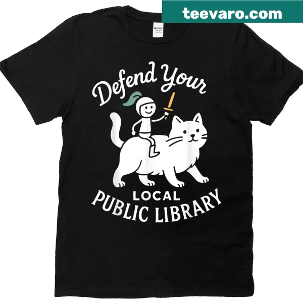Humorous t-shirt promoting local libraries with a cat theme.
