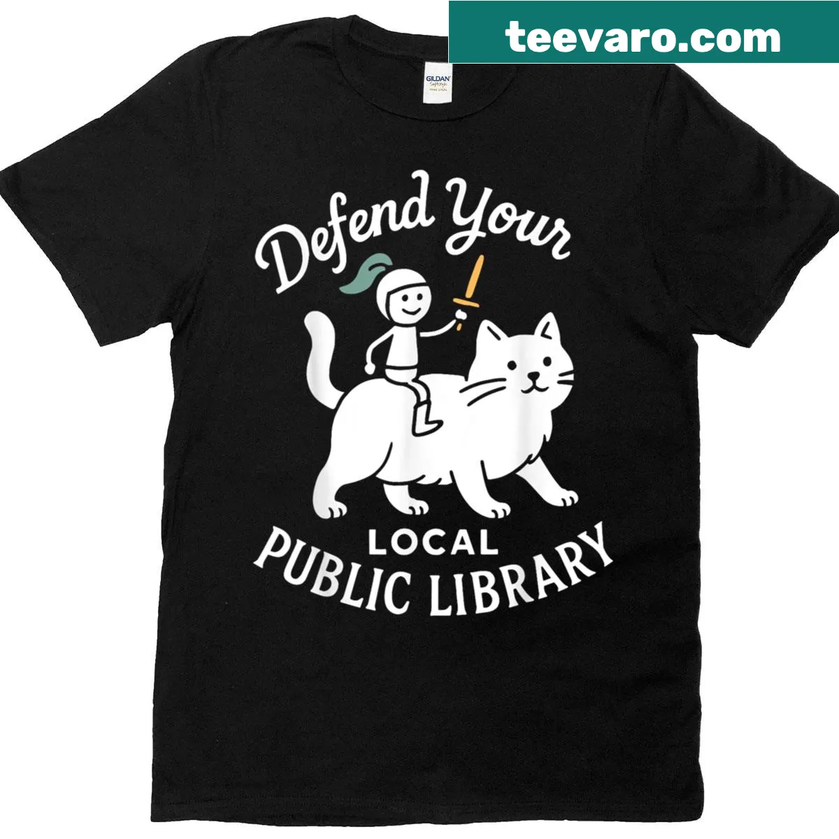 Humorous t-shirt promoting local libraries with a cat theme. — on a men's t-shirt