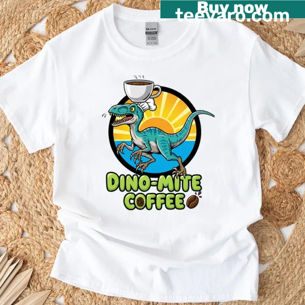 Deinonychus dinosaur balancing a coffee cup illustration