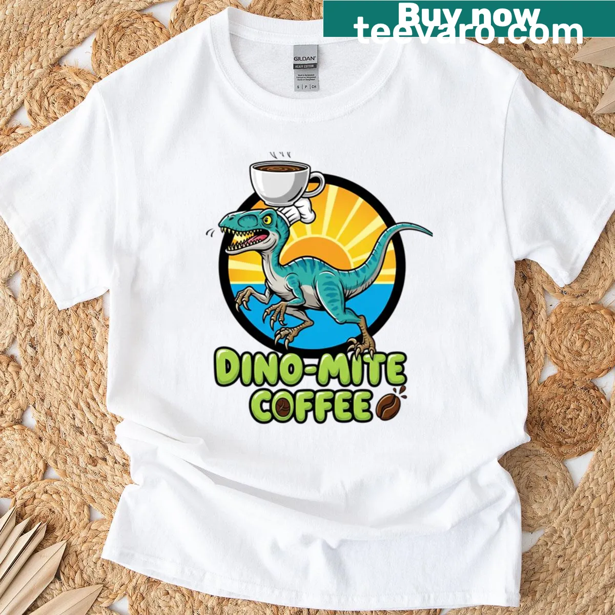 Deinonychus dinosaur balancing a coffee cup illustration — on a men's t-shirt