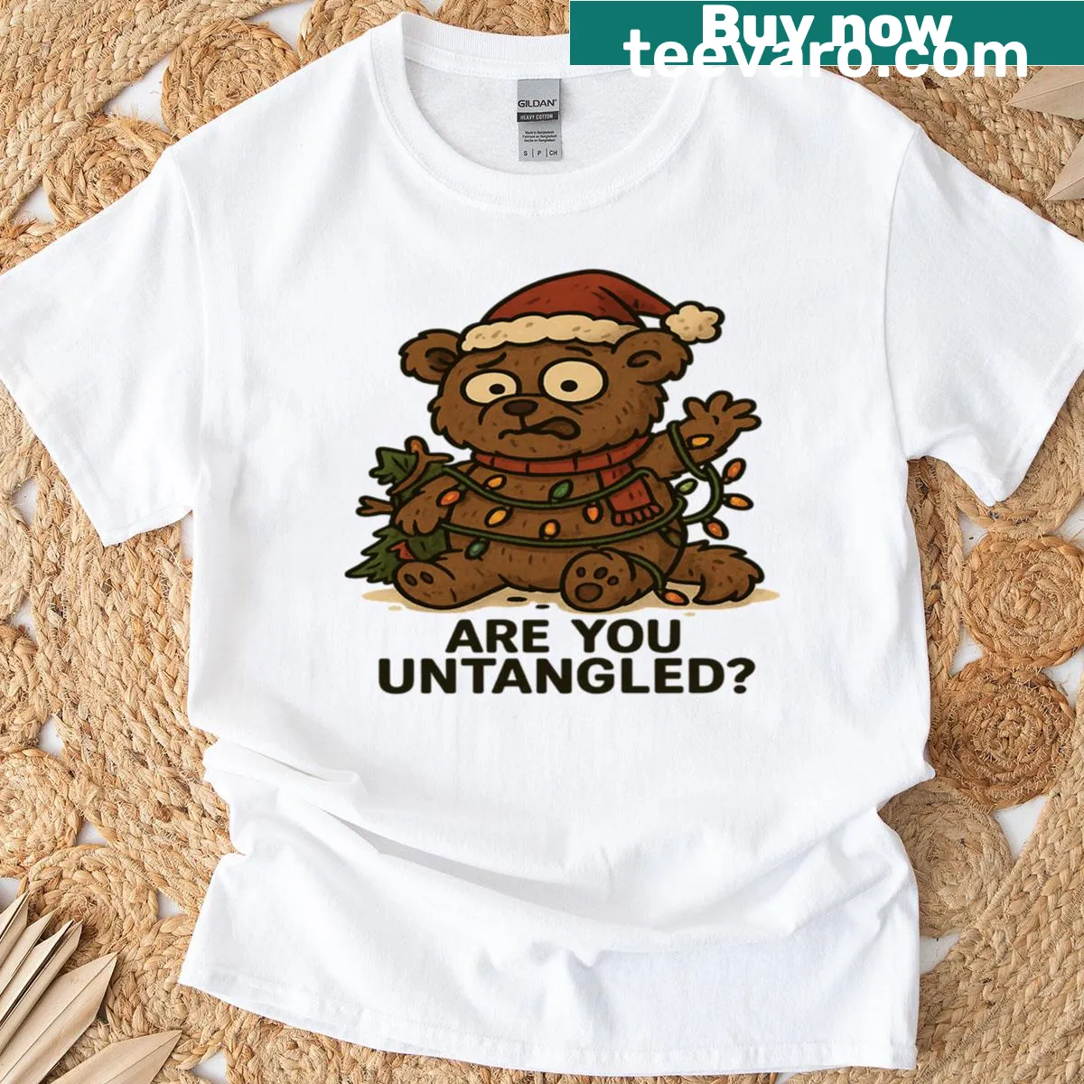 T-shirt featuring a cartoon derpy bear with the text 'Are You Untangled?' — on a men's t-shirt