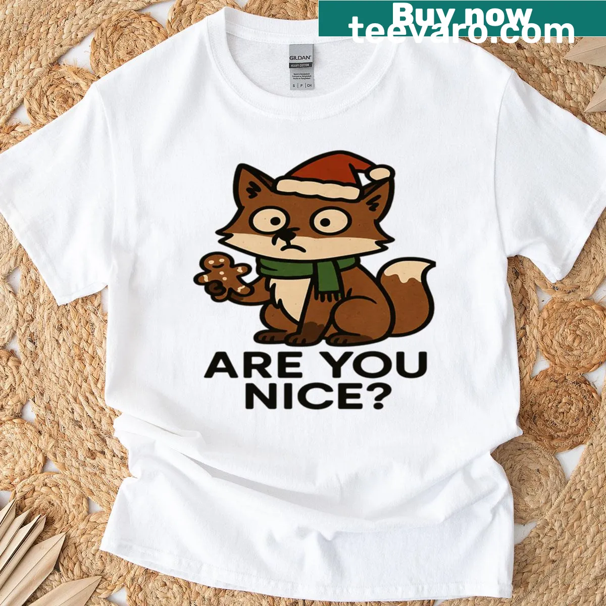 Cartoon fox graphic with text 'Are You Nice?' on T-shirt — on a men's t-shirt