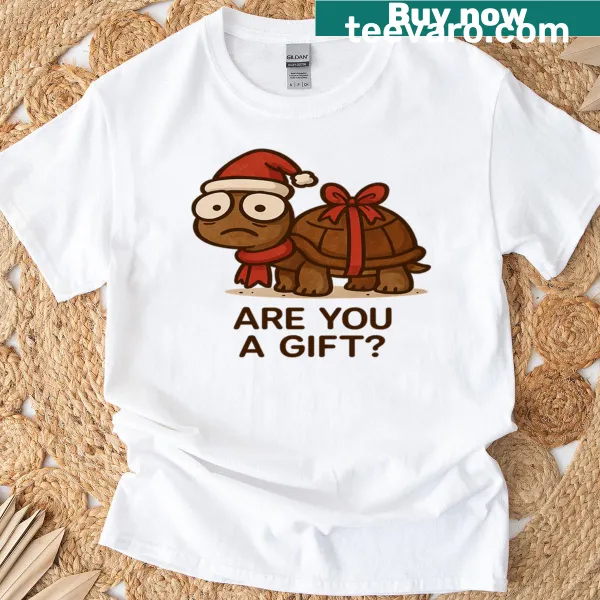 Whimsical turtle graphic with text 'Are You A Gift?' on T-shirt