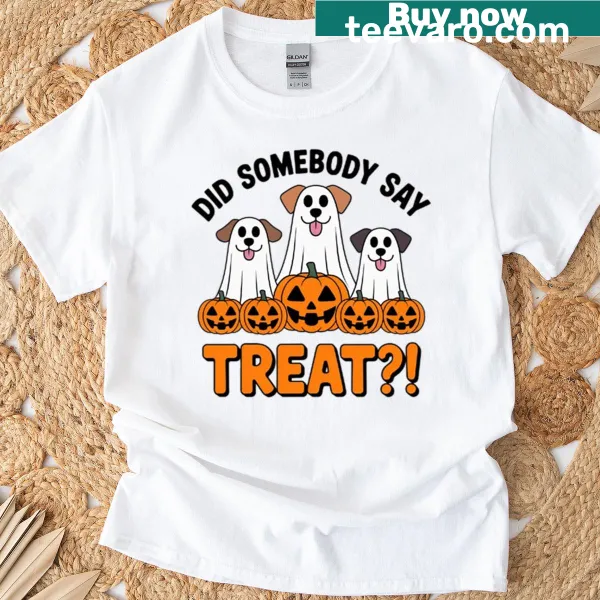 Illustration of a ghost dog excited for treats on a t-shirt
