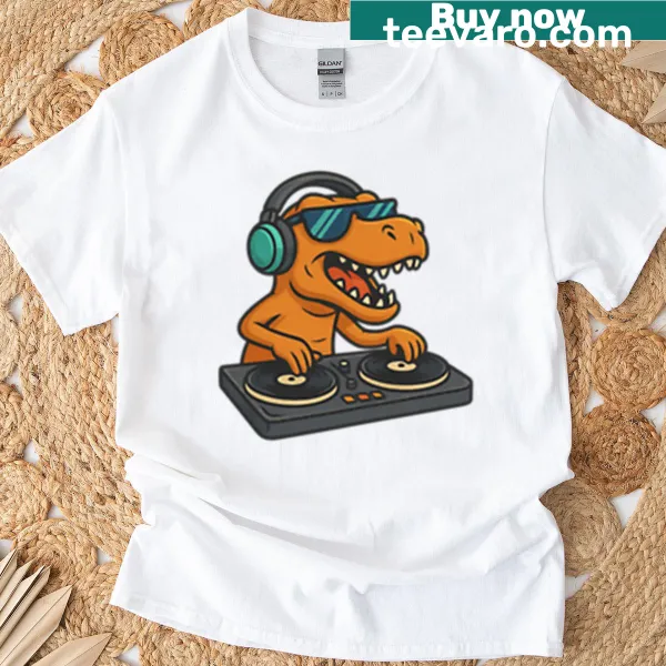 Cartoon t-shirt featuring DJ T-Rex in party mode with headphones