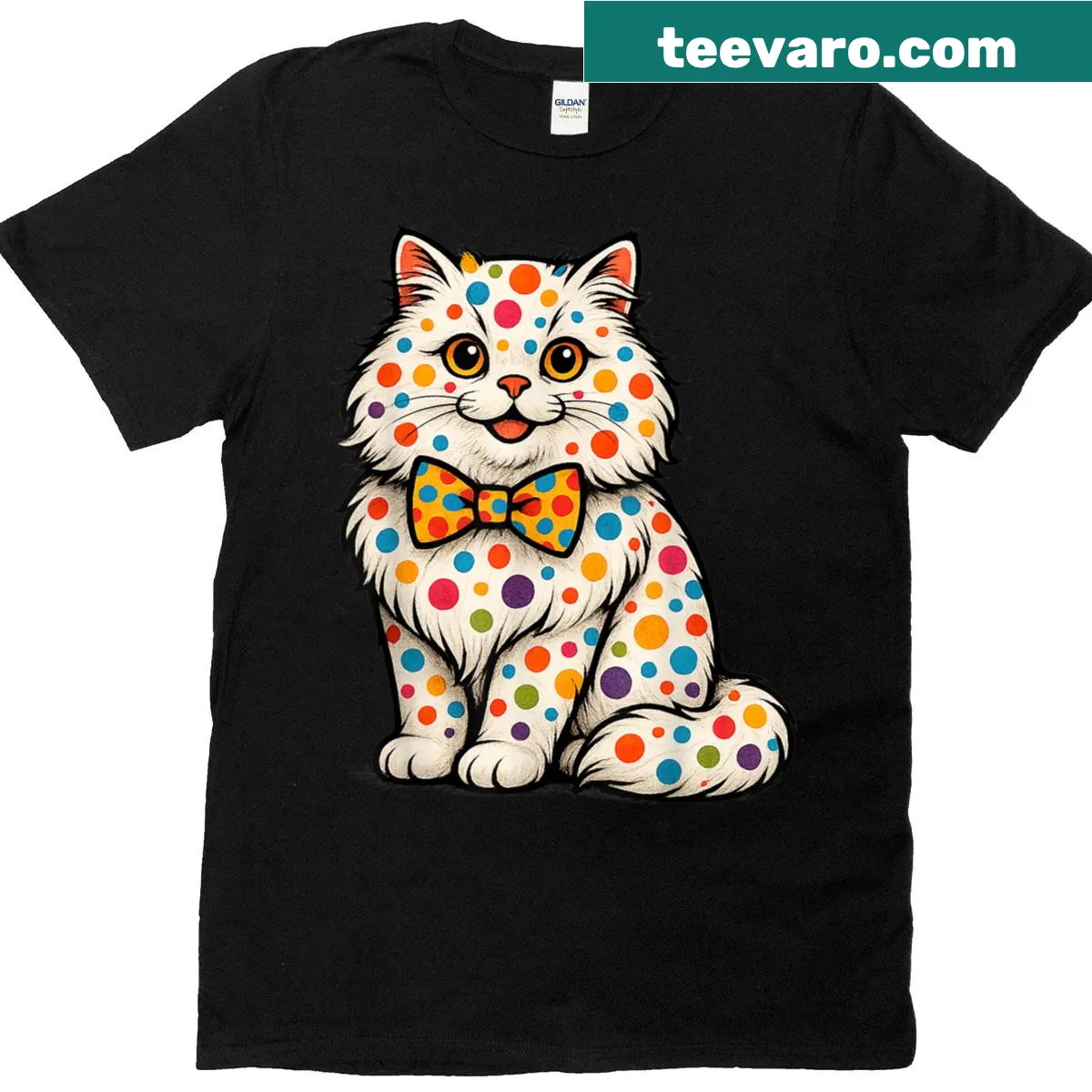 Whimsical Persian cat T-shirt with playful polka dots — on a men's t-shirt