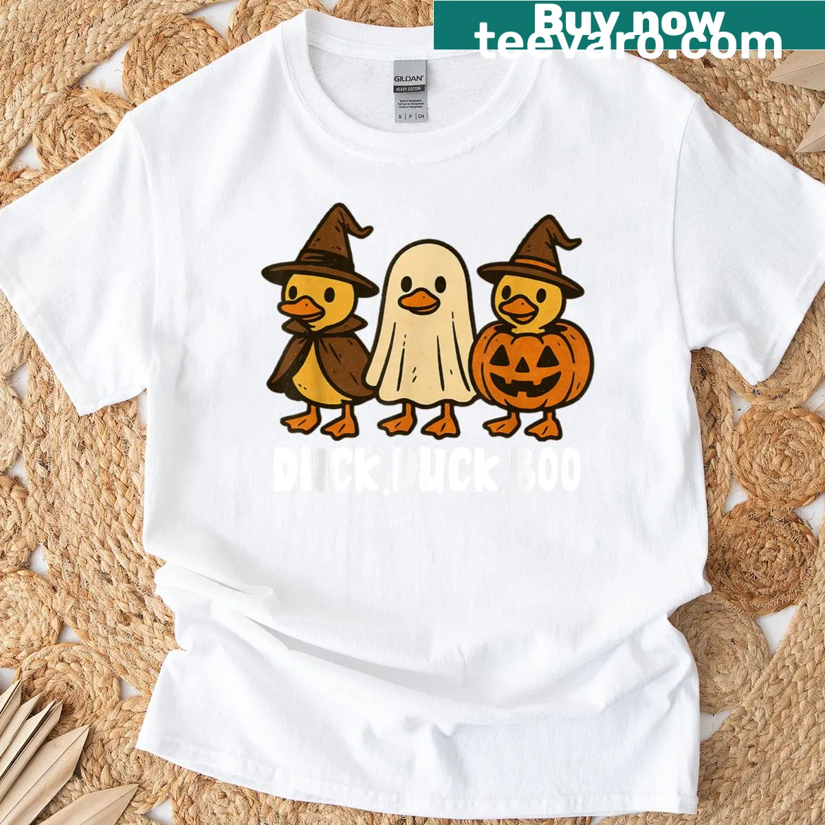 Cartoon duck in pumpkin costume with text 'Duck Boo' on T-shirt — on a men's t-shirt