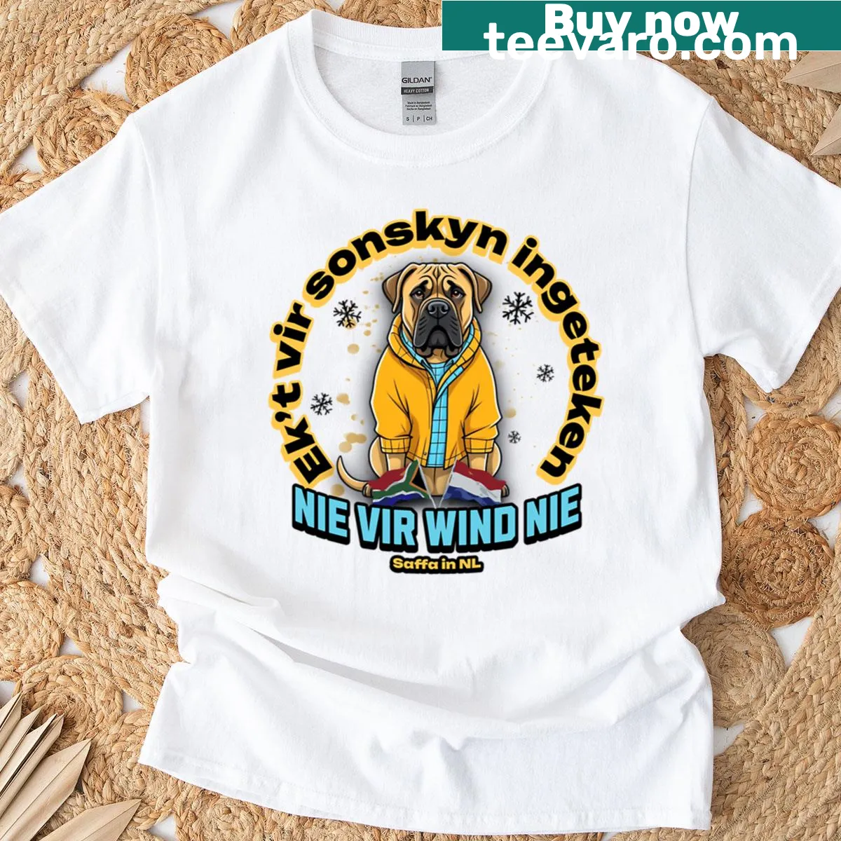 Minimalist typography T-shirt with Afrikaans phrase — on a men's t-shirt