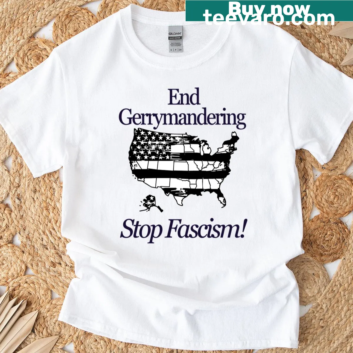 T-shirt with bold text promoting anti-gerrymandering and anti-fascism — on a men's t-shirt