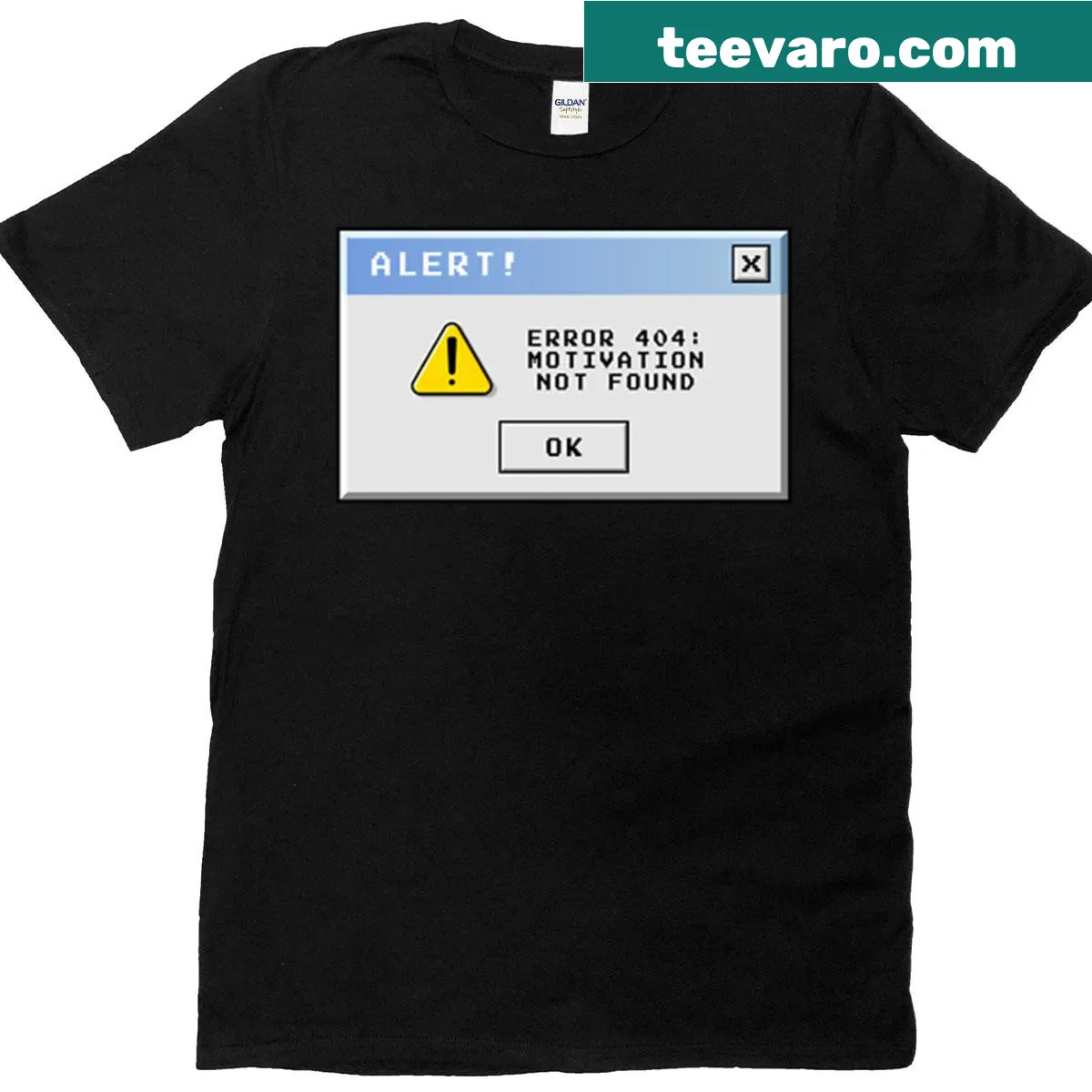 T-shirt featuring 'Error 404 Motivation Not Found' in retro computer style — on a men's t-shirt
