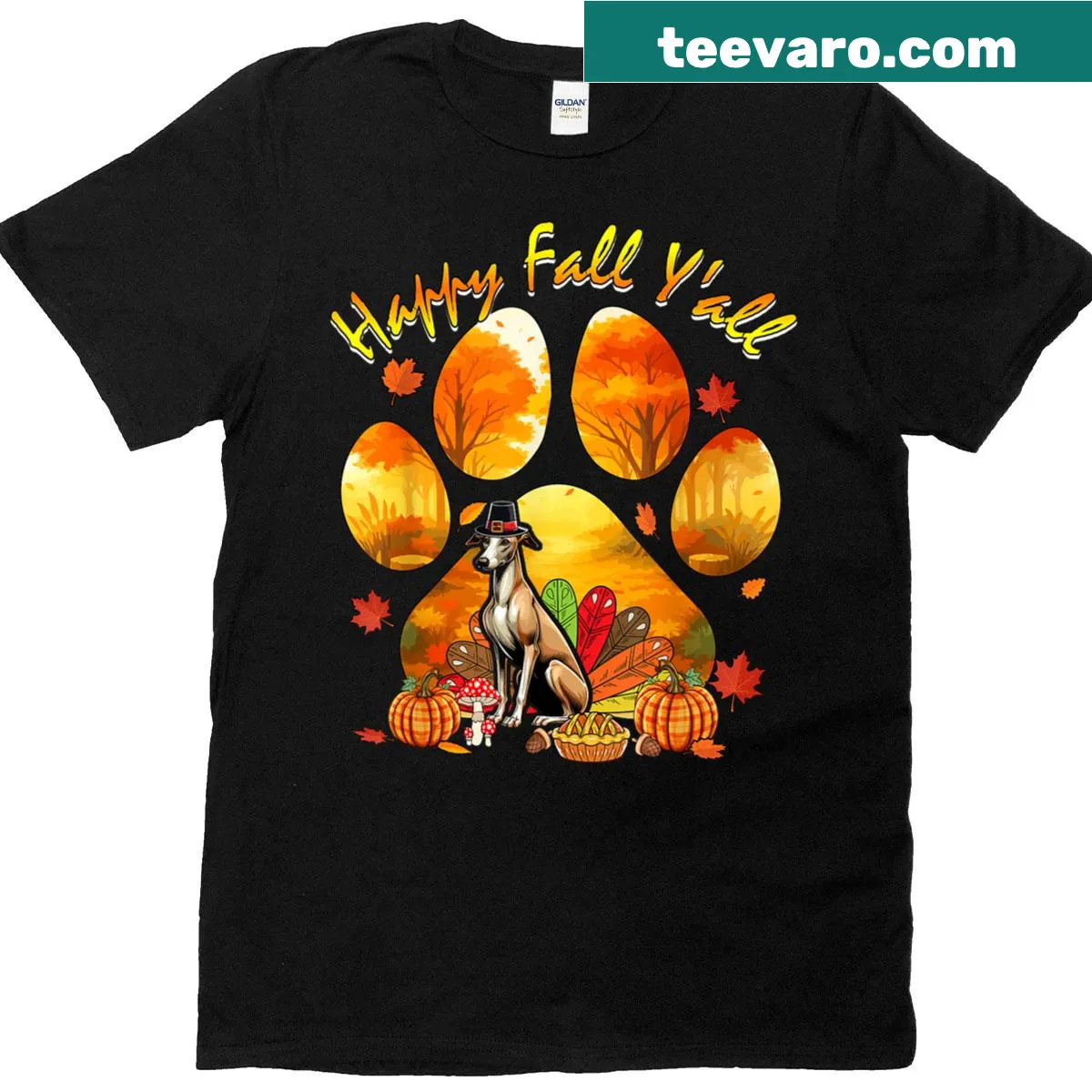 Whippet turkey graphic on a Thanksgiving-themed T-shirt — on a men's t-shirt