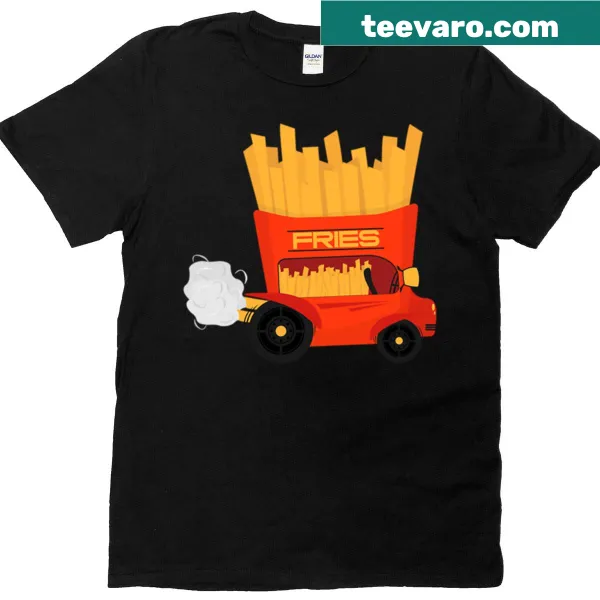 Cartoon car loaded with French fries on an oversized T-shirt.