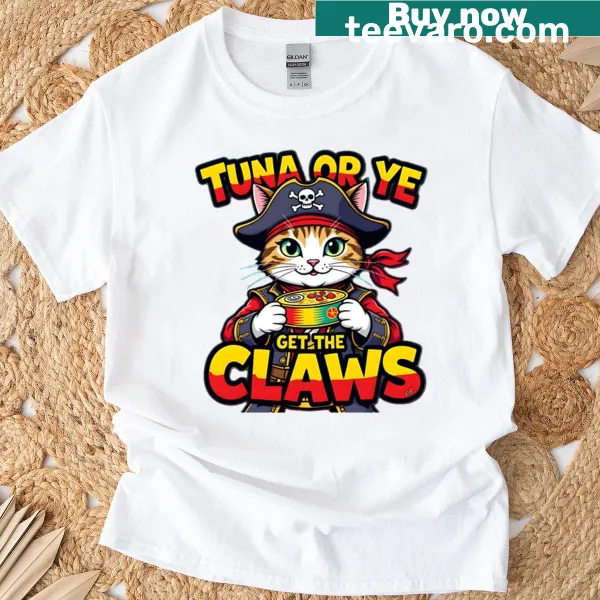 Illustration of a cat pirate on a T-shirt, wearing an eye patch and hat.
