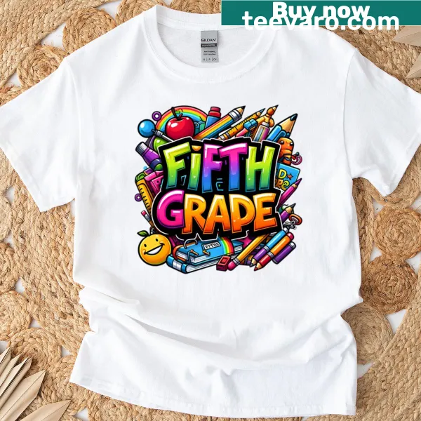 Cartoon-themed oversized teacher t-shirt for fifth grade