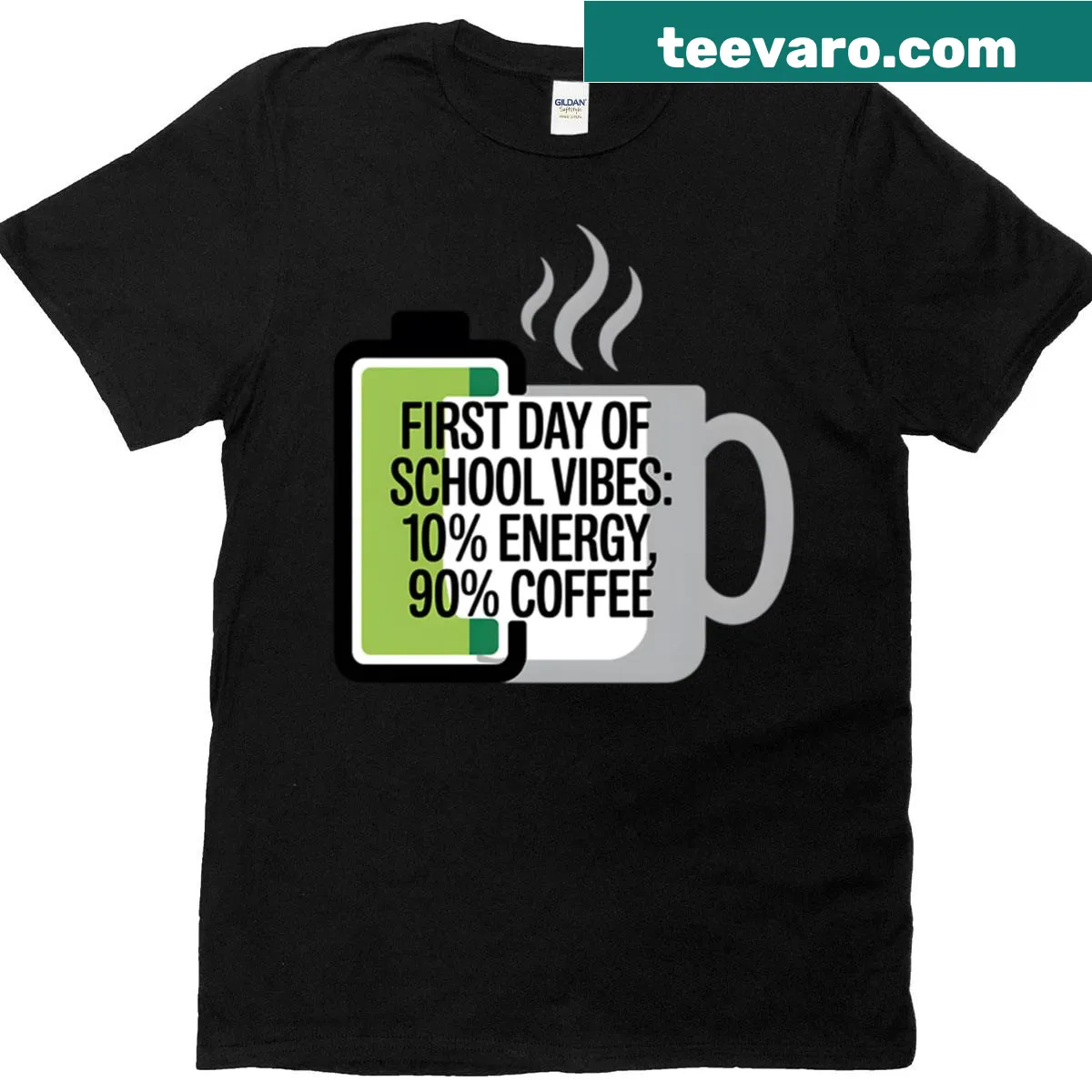 Oversized t-shirt celebrating first day of school vibes and coffee — on a men's t-shirt