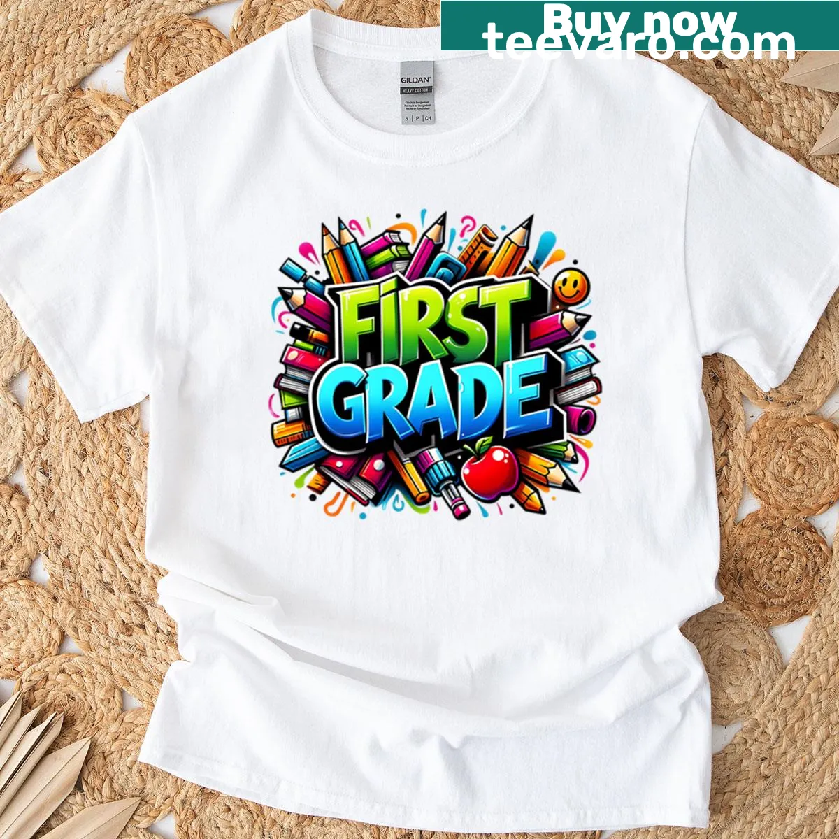 Cartoon graphic celebrating first grade on T-shirt — on a men's t-shirt