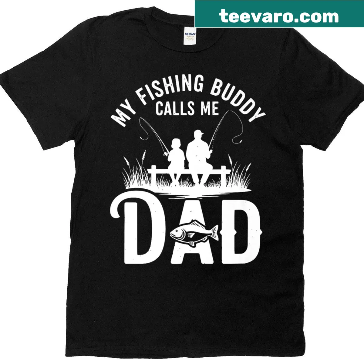 T-shirt for dads featuring text about being a fishing buddy. — on a men's t-shirt