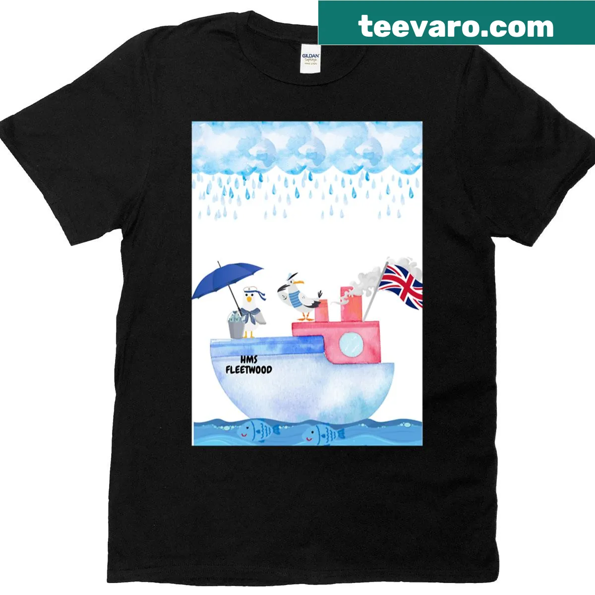 Illustrated T-shirt featuring a classic fishing trawler — on a men's t-shirt
