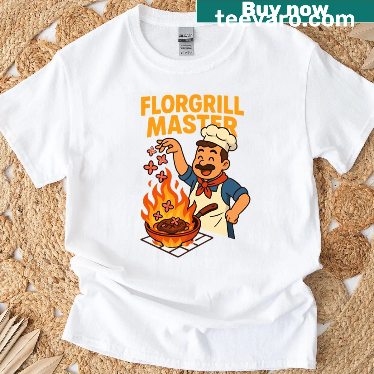 Humorous T-shirt for grilling dads with flower graphics — on a men's t-shirt