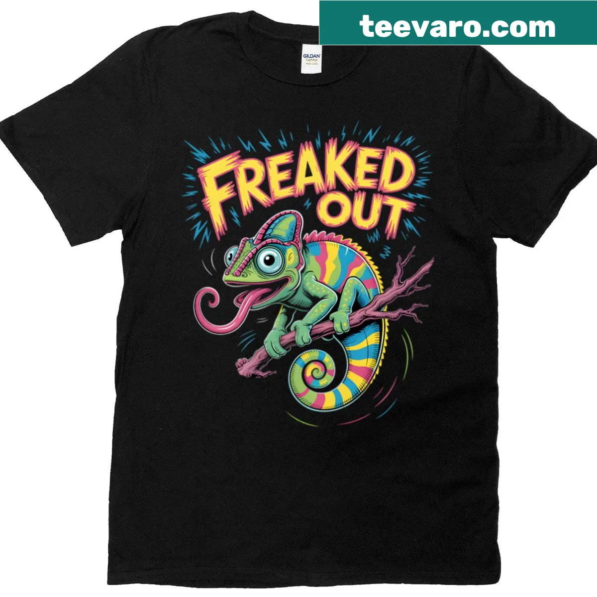 Cartoon chameleon graphic depicting chaos on T-shirt — on a men's t-shirt