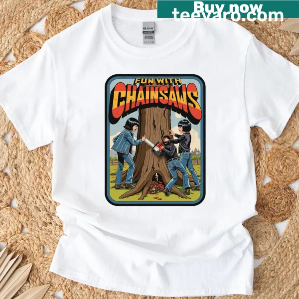 Retro horror T-shirt featuring humorous chainsaw graphics.