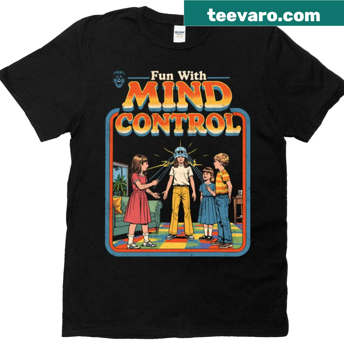 Retro horror design featuring mind control theme on T-shirt — on a men's t-shirt