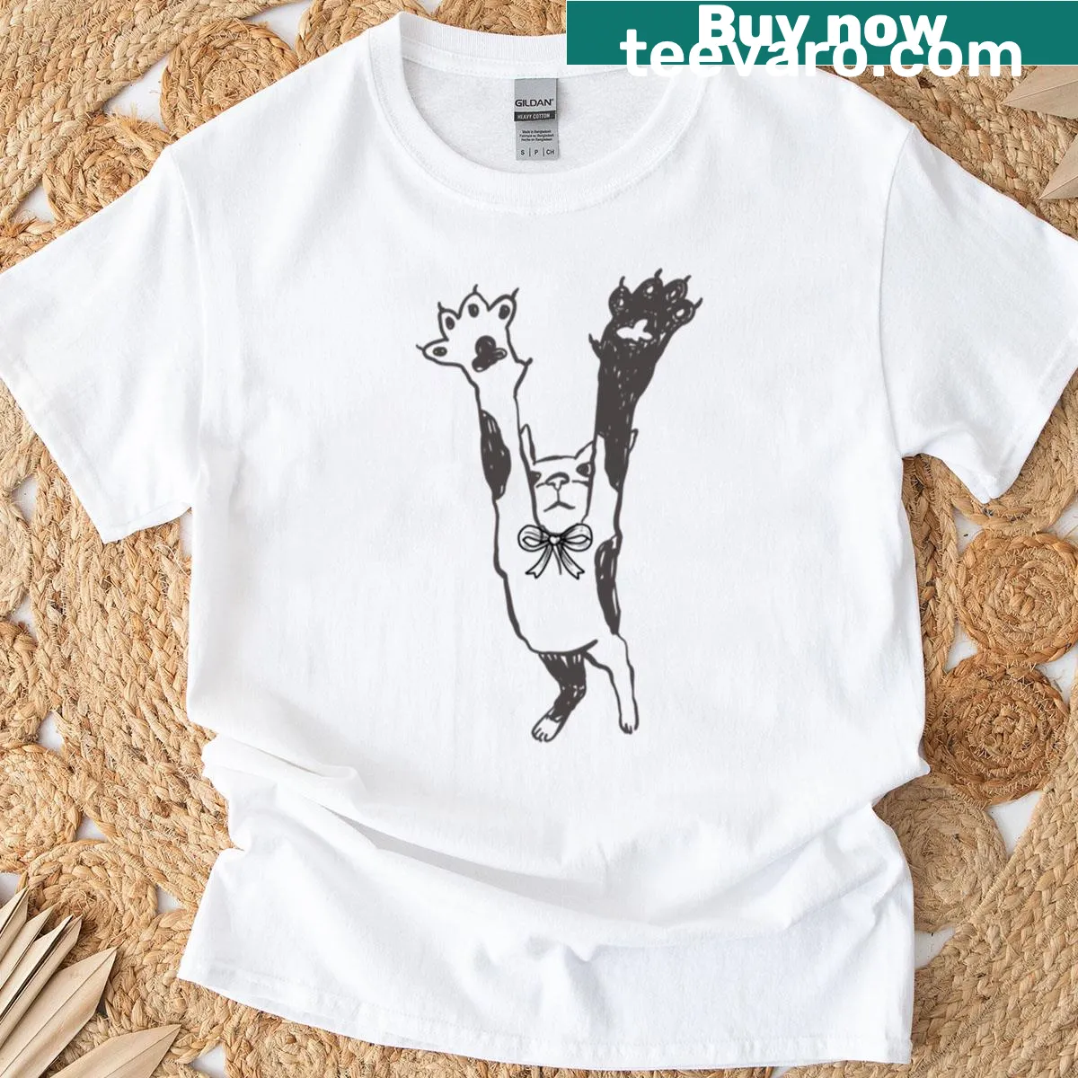 T-shirt with a playful illustration of a stretching cat — on a men's t-shirt