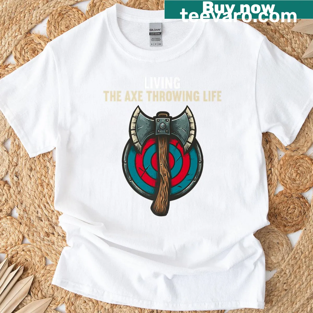 T-shirt with humorous graphic about axe throwing — on a men's t-shirt