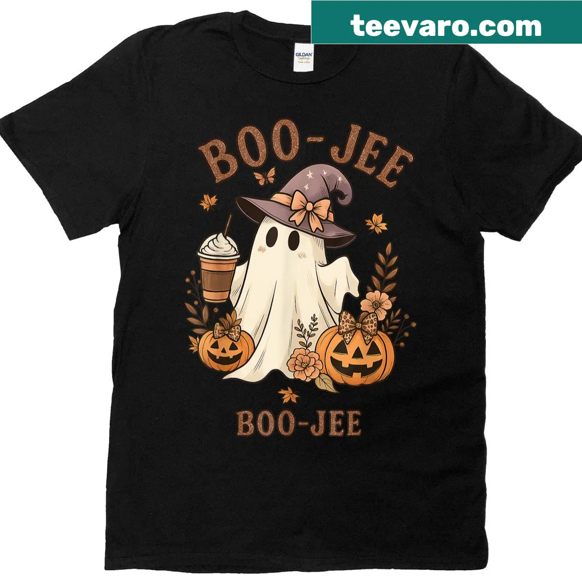 Cartoon ghost graphic on a Halloween T-shirt for women — on a men's t-shirt