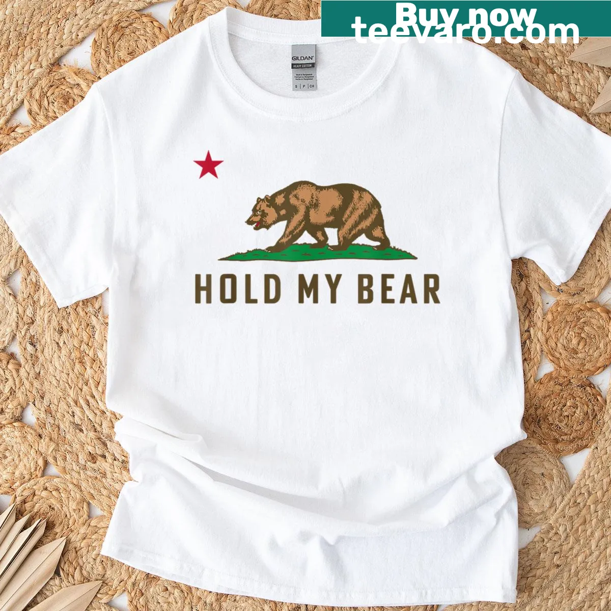 T-shirt featuring California bear and humorous text — on a men's t-shirt