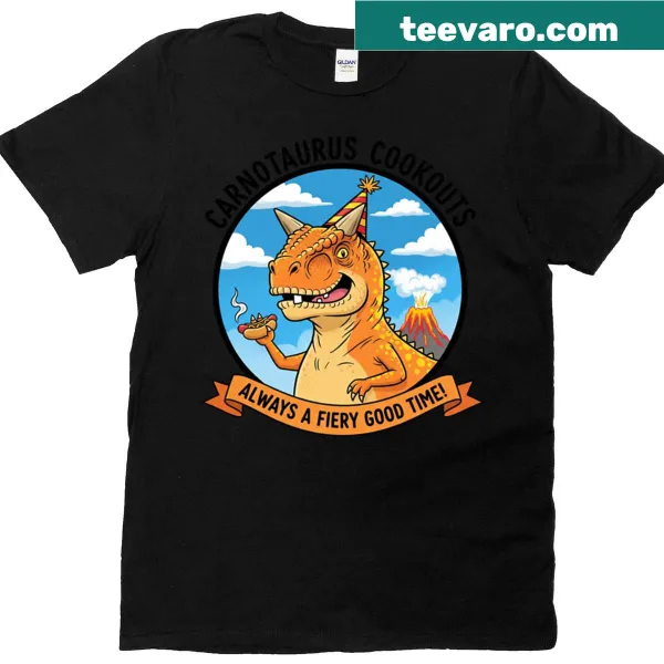 Oversized t-shirt featuring a cartoon Carnotaurus barbecuing hot dogs.