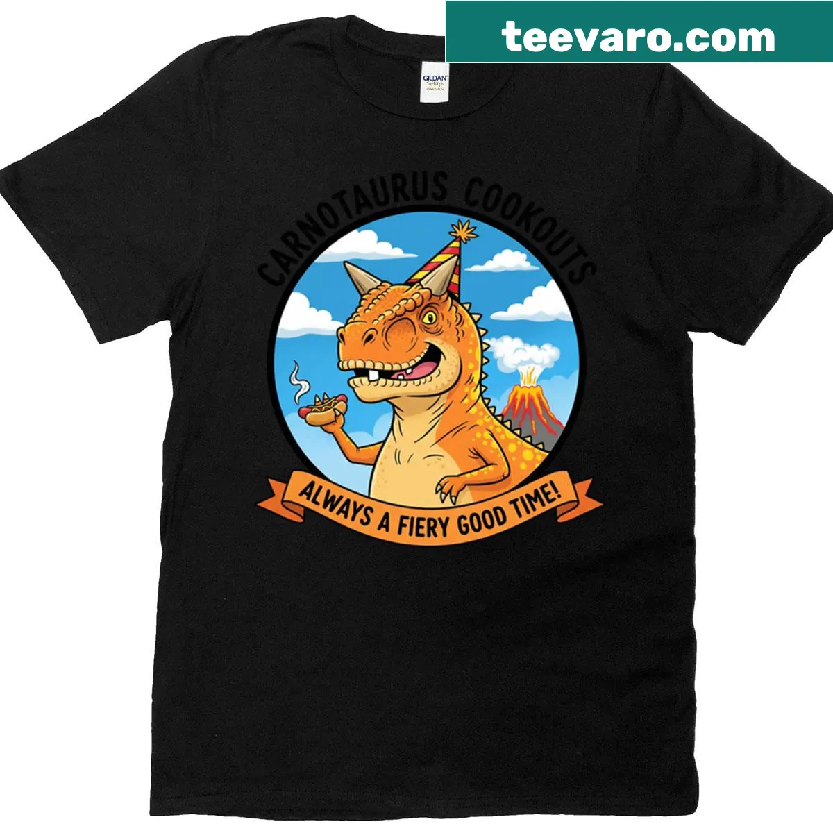 Oversized t-shirt featuring a cartoon Carnotaurus barbecuing hot dogs. — on a men's t-shirt