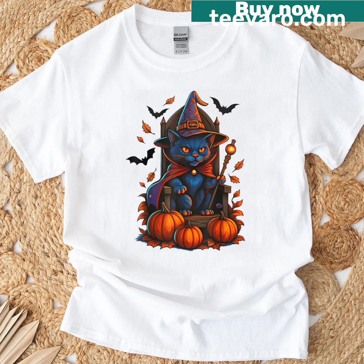 Cat ghost above a pumpkin graphic for Halloween cat lovers — on a men's t-shirt