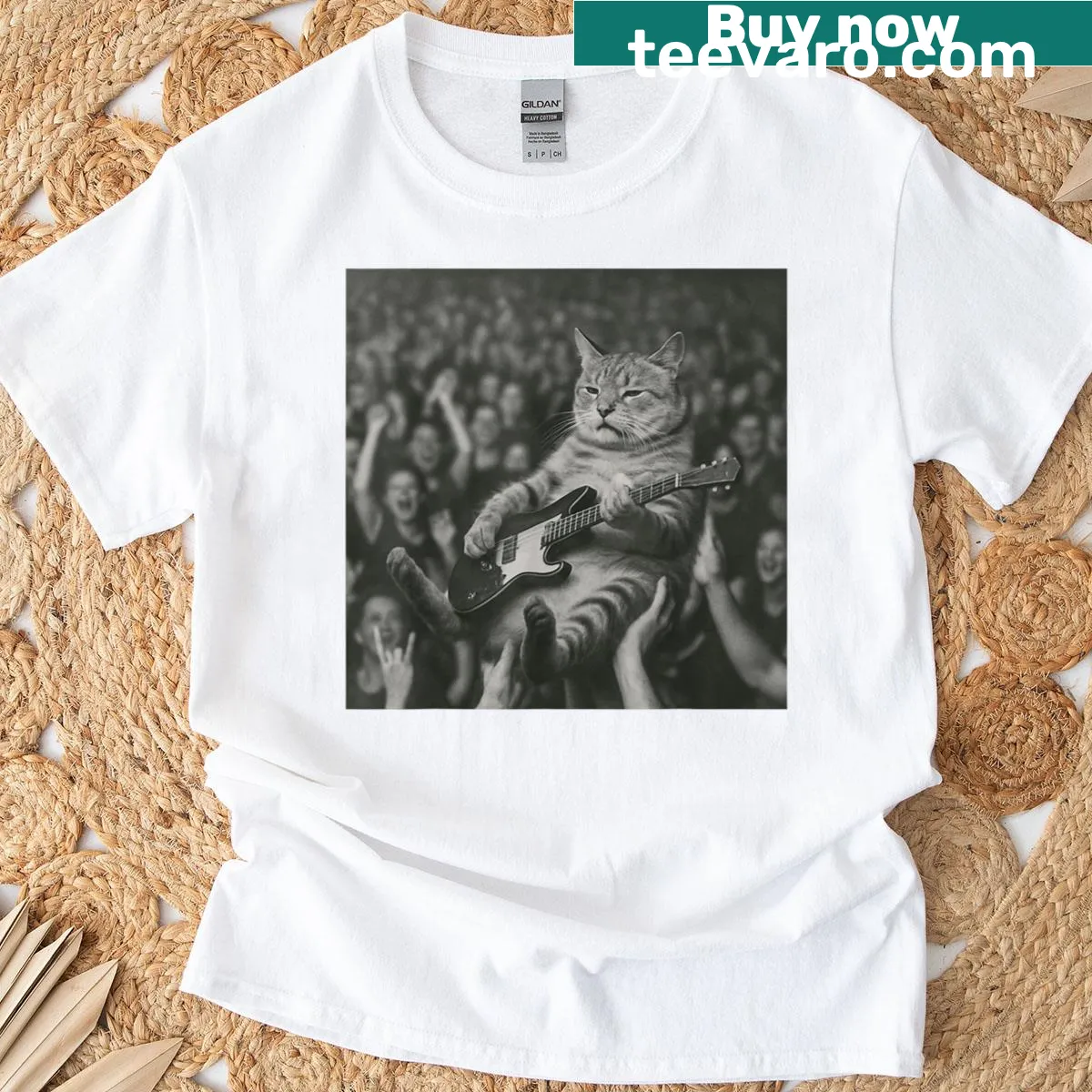 Illustration of a cat rockstar playing an electric guitar — on a men's t-shirt