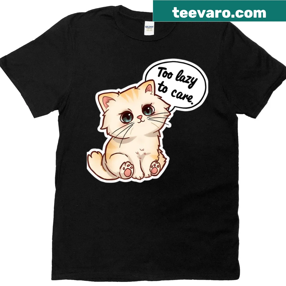 Kawaii cat design with 'Too Lazy To Care' phrase — on a men's t-shirt