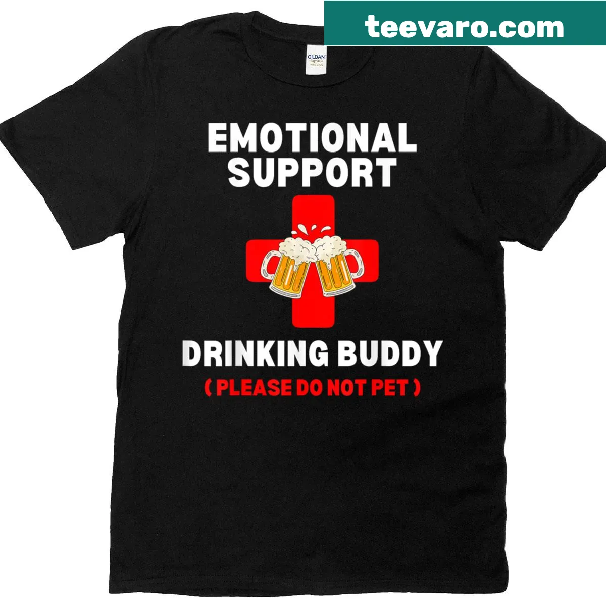 T-shirt saying 'Emotional Support Beer Do Not Pet' with humorous graphic — on a men's t-shirt