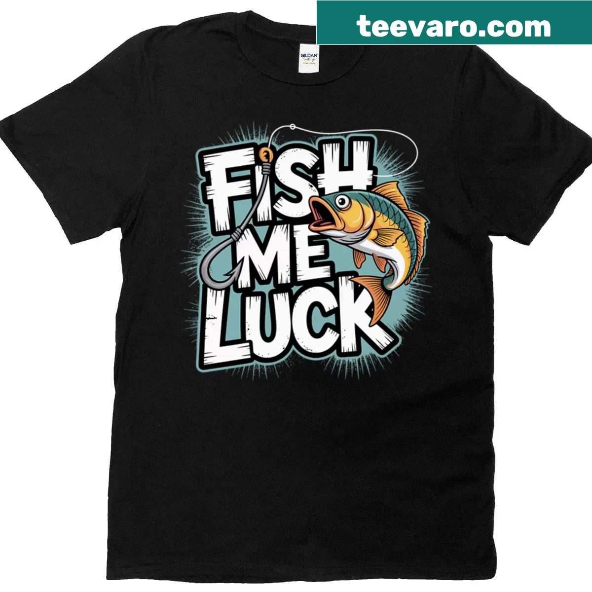 Funny fishing t-shirt that says Fish Me Luck — on a men's t-shirt