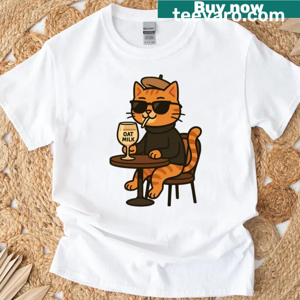 Funny ginger cat illustration enjoying oat milk drink