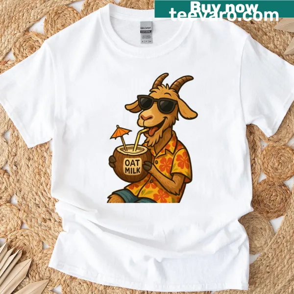 Funny goat illustration enjoying oat milk drink