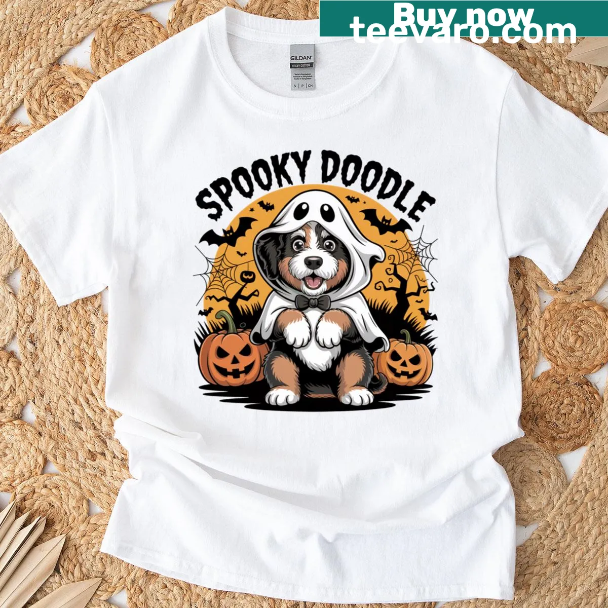 Funny illustration of a Bernedoodle dog in a Halloween costume — on a men's t-shirt