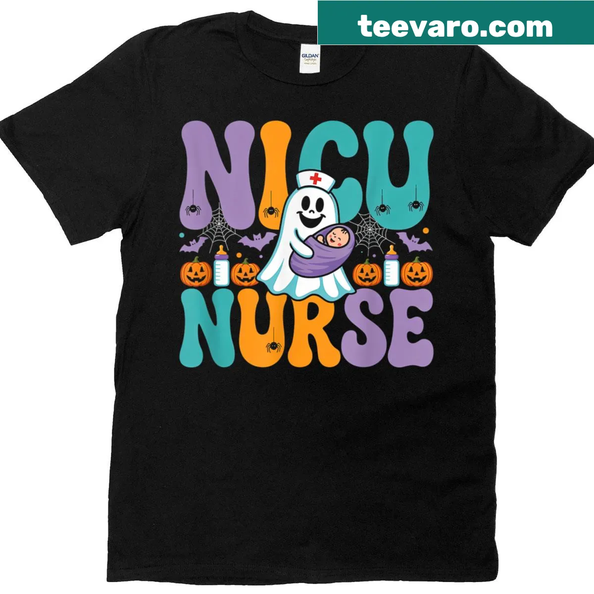 Halloween-themed NICU nurse t-shirt with humorous graphic — on a men's t-shirt